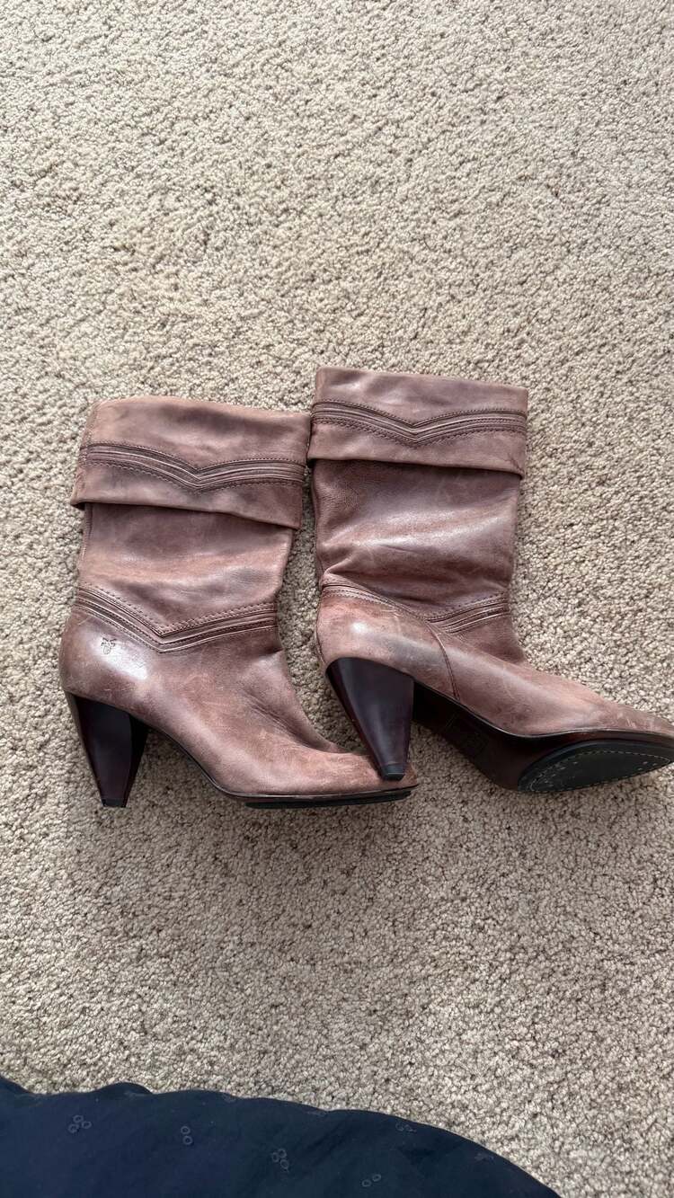 Frye Simone Cuff Brown Leather Slouchy Mid-Calf Heeled Boots